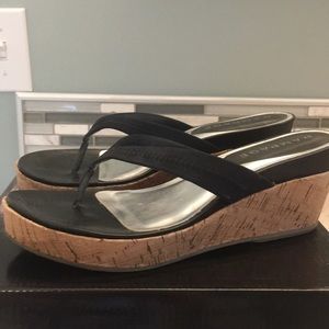Rampage black and cork wedge sandals.